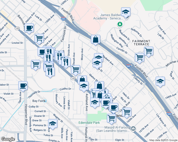 map of restaurants, bars, coffee shops, grocery stores, and more near 1507 Green Court in San Leandro