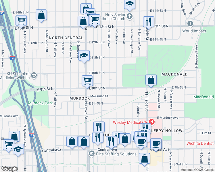 map of restaurants, bars, coffee shops, grocery stores, and more near 2654 East 9th Street North in Wichita