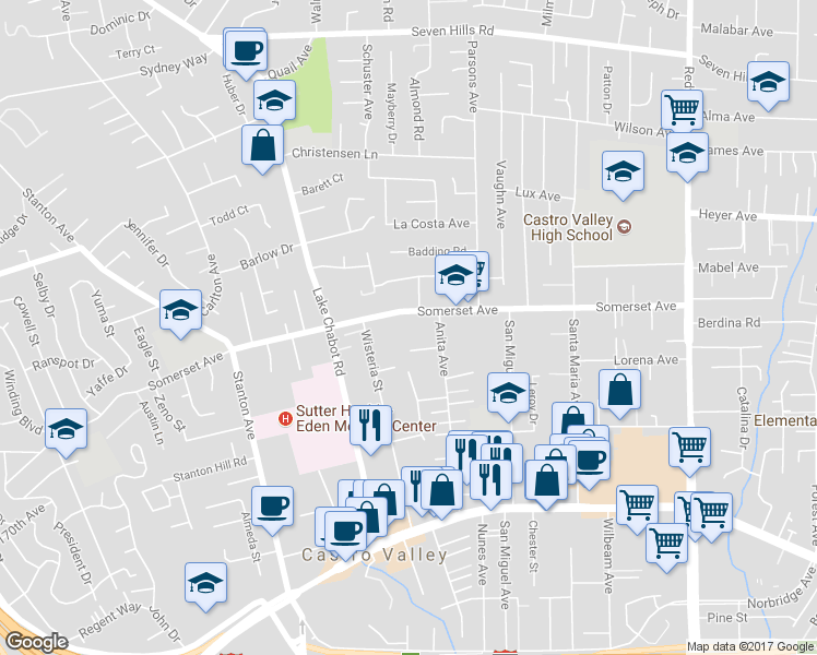 map of restaurants, bars, coffee shops, grocery stores, and more near 3245 Somerset Avenue in Castro Valley