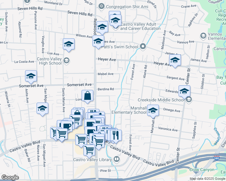 map of restaurants, bars, coffee shops, grocery stores, and more near 4161 Berdina Road in Castro Valley