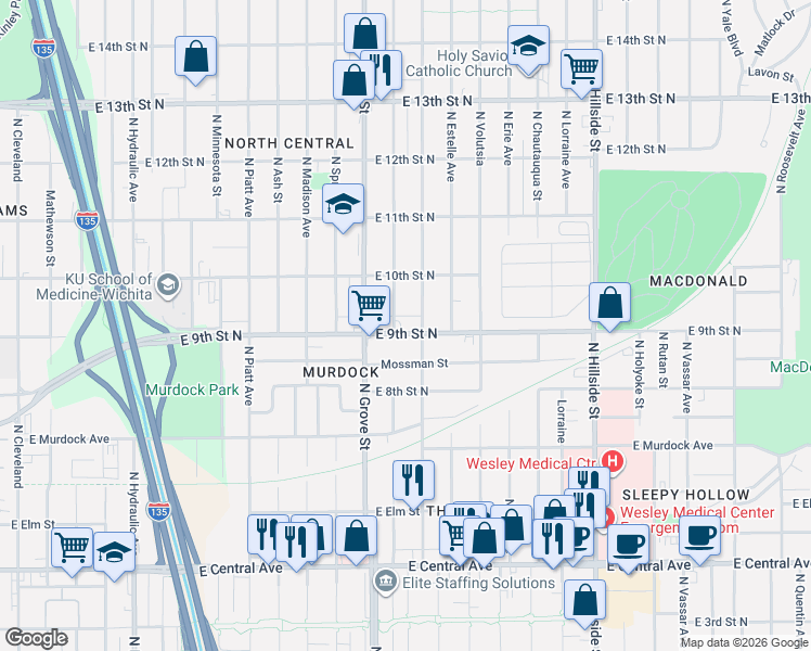 map of restaurants, bars, coffee shops, grocery stores, and more near 2514 East 9th Street North in Wichita