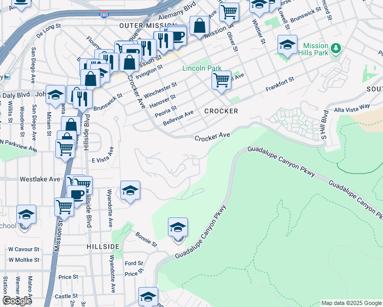 map of restaurants, bars, coffee shops, grocery stores, and more near 710 Pointe Pacific Drive in Daly City