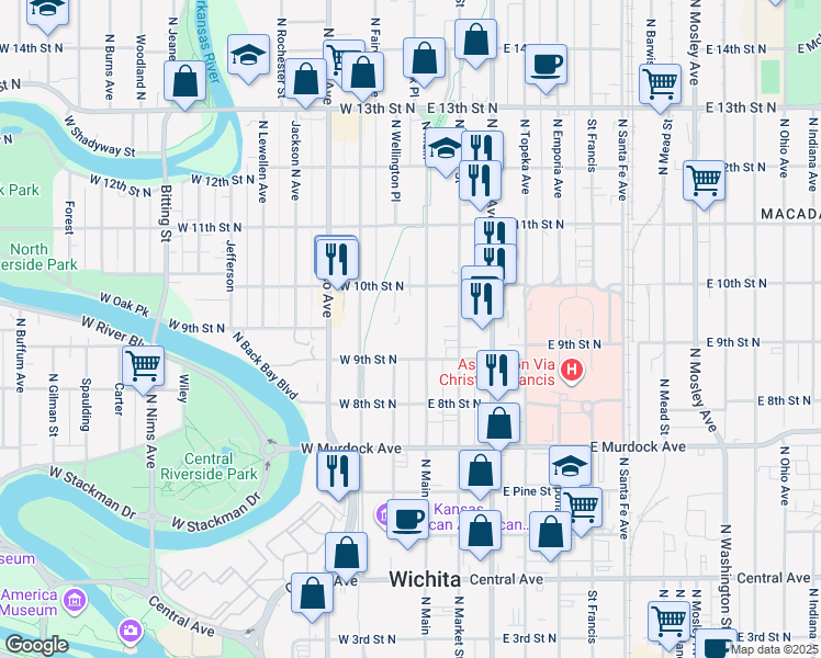 map of restaurants, bars, coffee shops, grocery stores, and more near 1025 North Main Street in Wichita
