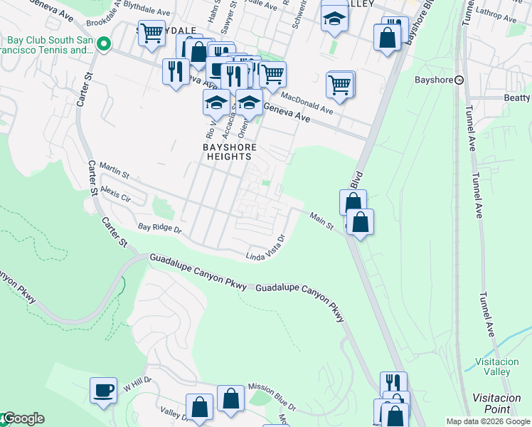 map of restaurants, bars, coffee shops, grocery stores, and more near 16 Brandon Court in Daly City