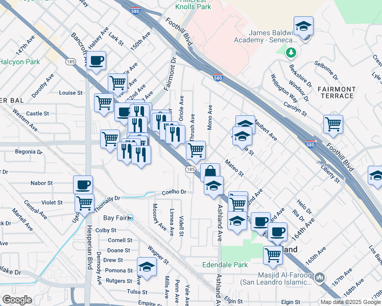 map of restaurants, bars, coffee shops, grocery stores, and more near 1450 Thrush Avenue in San Leandro