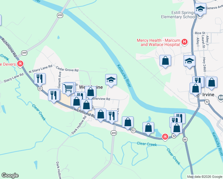 map of restaurants, bars, coffee shops, grocery stores, and more near 155 Riverview Road in Irvine