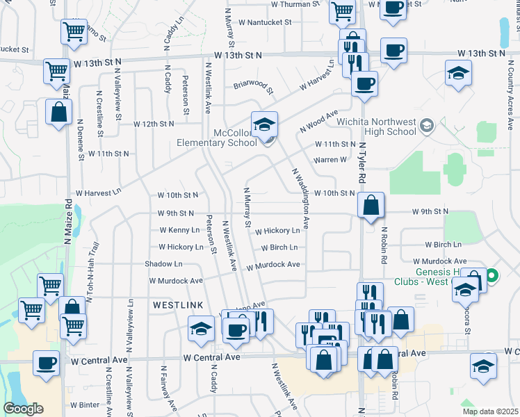 map of restaurants, bars, coffee shops, grocery stores, and more near 9318 West 9th Street North in Wichita