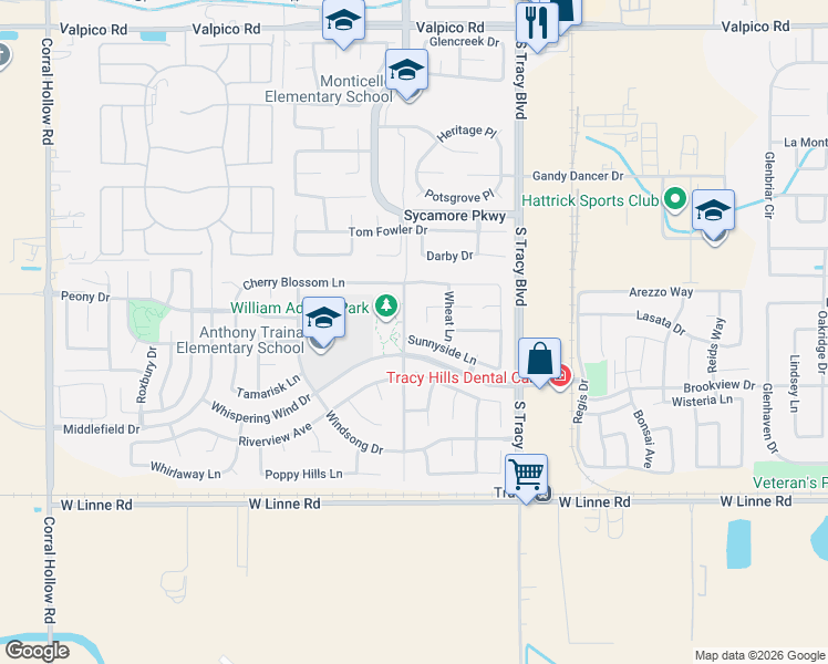 map of restaurants, bars, coffee shops, grocery stores, and more near 985 Sunnyside Lane in Tracy