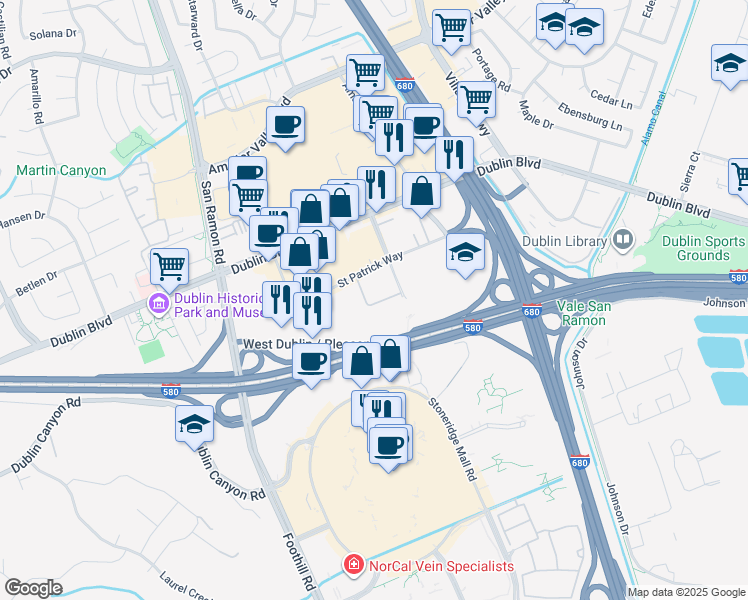 map of restaurants, bars, coffee shops, grocery stores, and more near 7550 Saint Patrick Way in Dublin