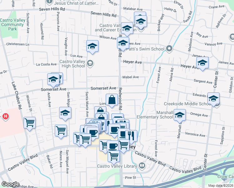 map of restaurants, bars, coffee shops, grocery stores, and more near 19949 Redwood Road in Castro Valley