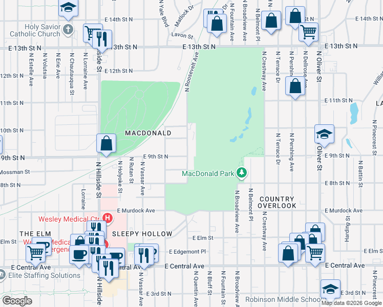 map of restaurants, bars, coffee shops, grocery stores, and more near 998 North Roosevelt Street in Wichita