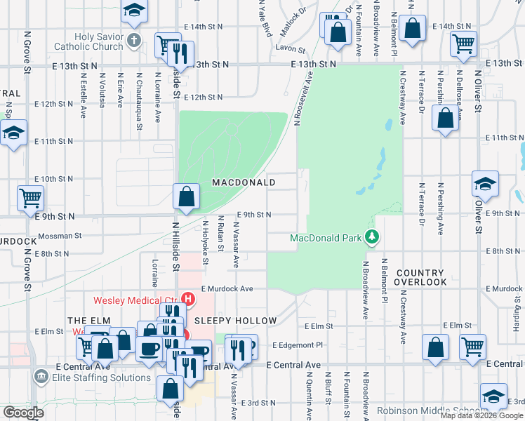 map of restaurants, bars, coffee shops, grocery stores, and more near 3421 East 9th Street North in Wichita