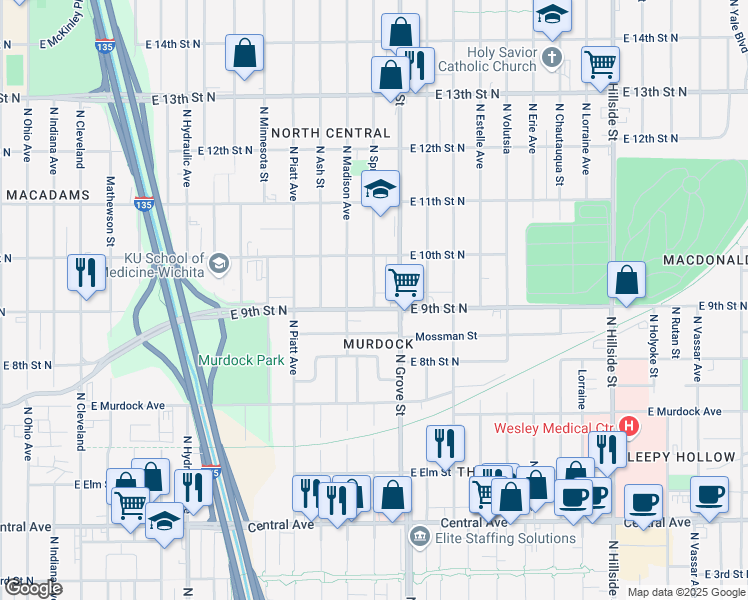 map of restaurants, bars, coffee shops, grocery stores, and more near 2222 East 9th Street North in Wichita