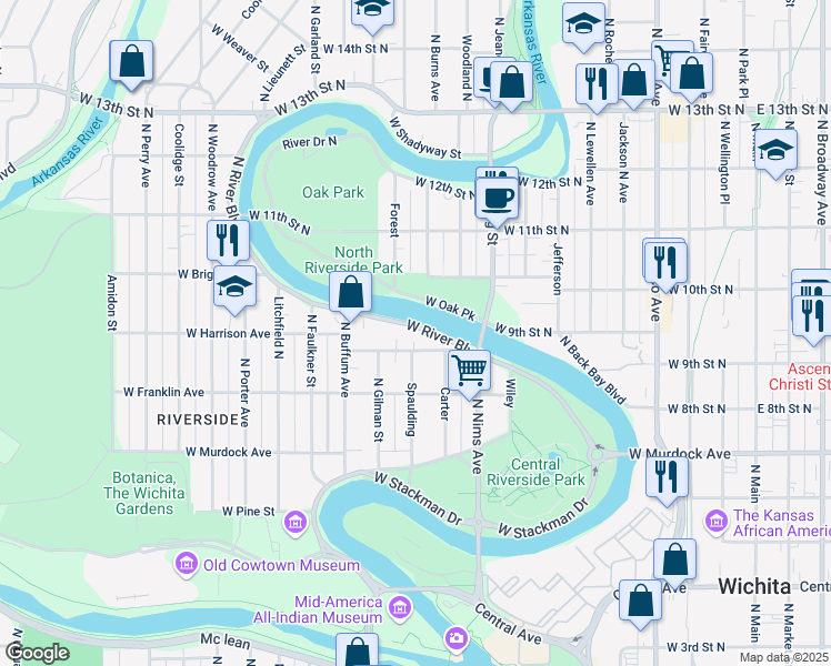 map of restaurants, bars, coffee shops, grocery stores, and more near 1100 West Riverside Avenue in Wichita