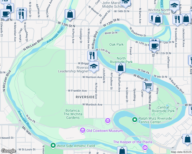 map of restaurants, bars, coffee shops, grocery stores, and more near 1001 North Porter Street in Wichita