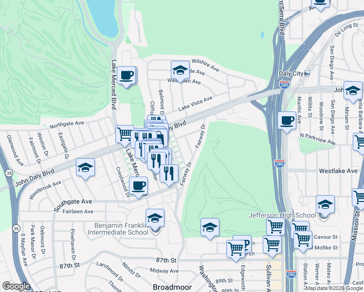 map of restaurants, bars, coffee shops, grocery stores, and more near 50 Parkwood Drive in Daly City