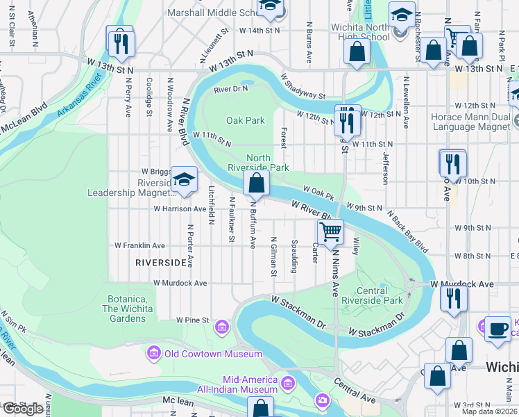 map of restaurants, bars, coffee shops, grocery stores, and more near 1204 West Riverside Avenue in Wichita