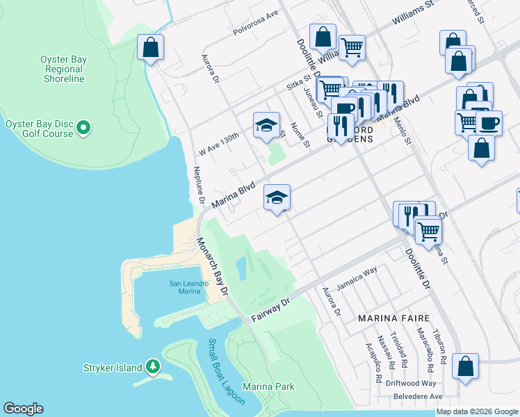 map of restaurants, bars, coffee shops, grocery stores, and more near 2546 West Avenue 133rd in San Leandro