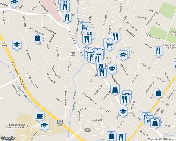 map of restaurants, bars, coffee shops, grocery stores, and more near 510A Washington Street in Elizabethtown