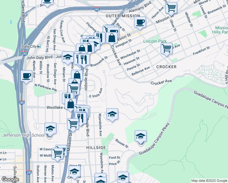 map of restaurants, bars, coffee shops, grocery stores, and more near 323 Green Ridge Drive in Daly City