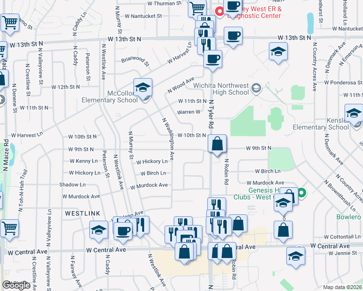 map of restaurants, bars, coffee shops, grocery stores, and more near 9111 West 9th Street North in Wichita