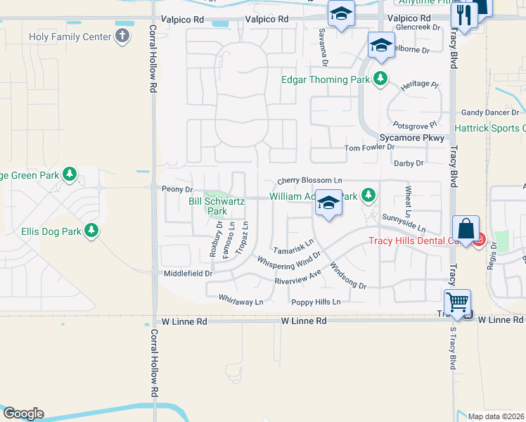 map of restaurants, bars, coffee shops, grocery stores, and more near 4152 Middlefield Drive in Tracy