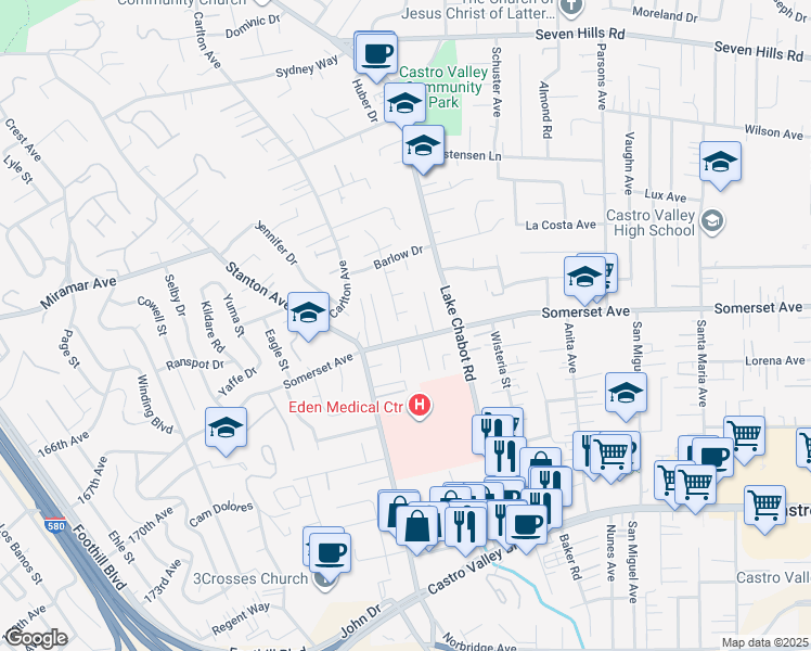 map of restaurants, bars, coffee shops, grocery stores, and more near 19638 Barclay Road in Castro Valley
