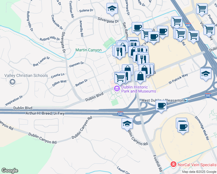 map of restaurants, bars, coffee shops, grocery stores, and more near 11750 Dublin Boulevard in Dublin