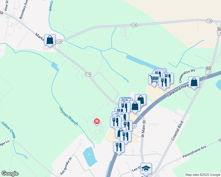 map of restaurants, bars, coffee shops, grocery stores, and more near Duncan Manor Road in Accomack County