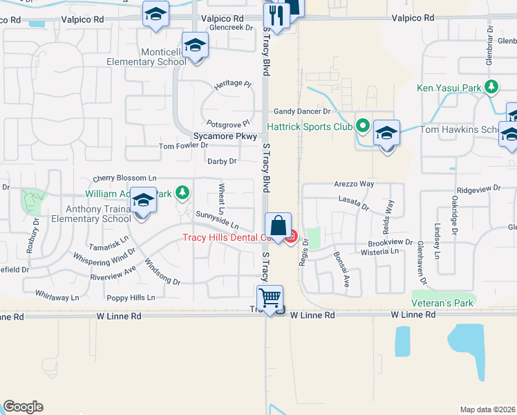 map of restaurants, bars, coffee shops, grocery stores, and more near 4140 Crepe Myrtle Lane in Tracy