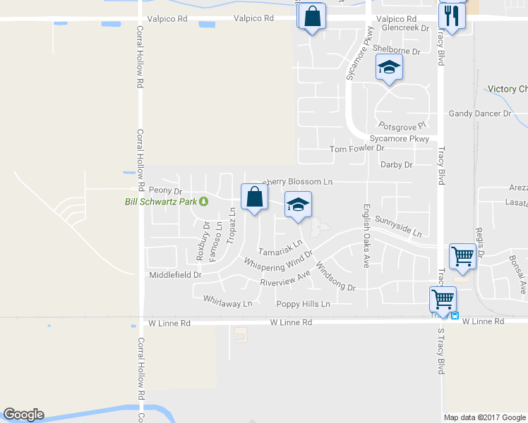 map of restaurants, bars, coffee shops, grocery stores, and more near 4150 Cherry Blossom Lane in Tracy