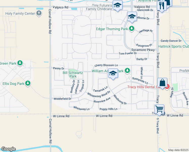 map of restaurants, bars, coffee shops, grocery stores, and more near 4150 Cherry Blossom Lane in Tracy