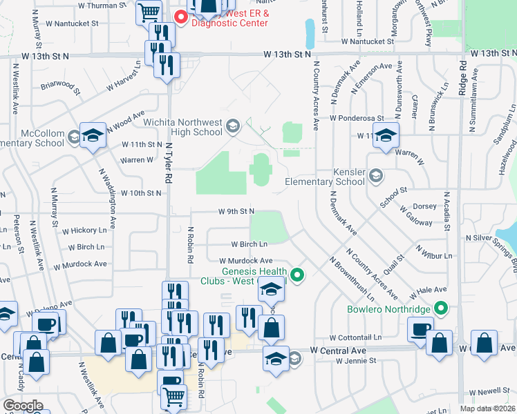 map of restaurants, bars, coffee shops, grocery stores, and more near 8240 West 9th Street North in Wichita