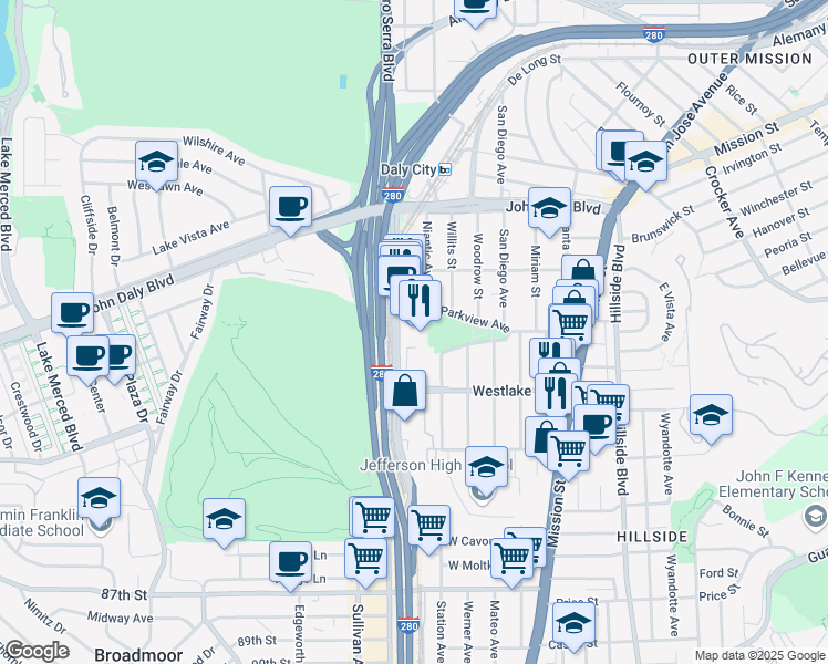 map of restaurants, bars, coffee shops, grocery stores, and more near 2001 Junipero Serra Boulevard in Daly City