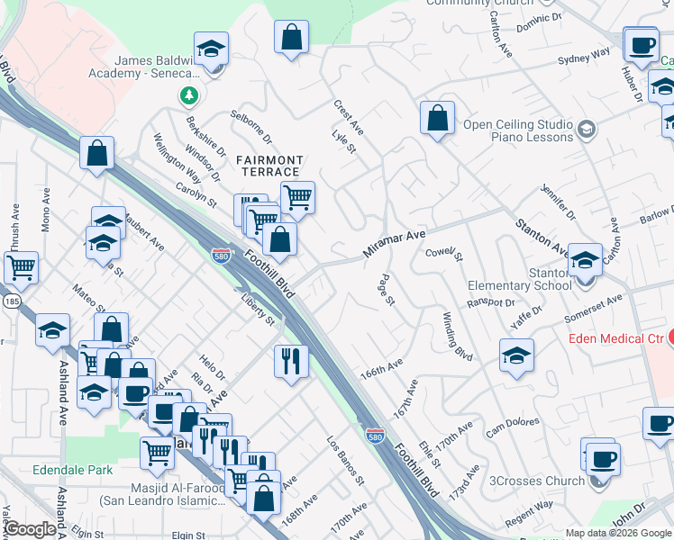 map of restaurants, bars, coffee shops, grocery stores, and more near 2270 Miramar Avenue in San Leandro