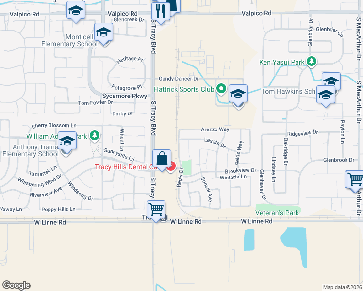 map of restaurants, bars, coffee shops, grocery stores, and more near 4192 Regis Drive in Tracy