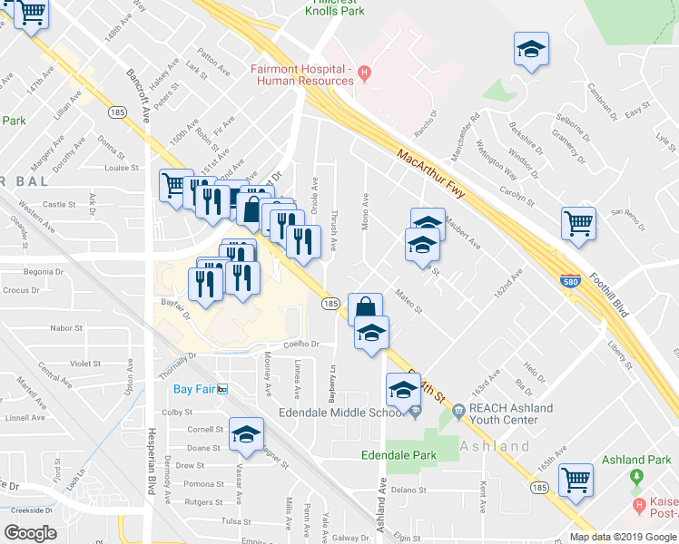 map of restaurants, bars, coffee shops, grocery stores, and more near 1410 Thrush Avenue in San Leandro