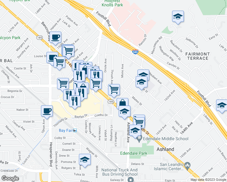 map of restaurants, bars, coffee shops, grocery stores, and more near 1410 Thrush Avenue in San Leandro