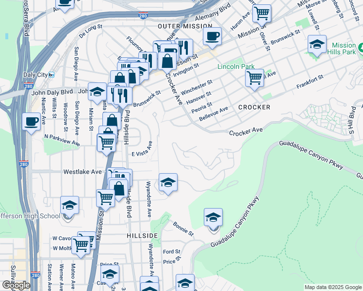 map of restaurants, bars, coffee shops, grocery stores, and more near 460 Pointe Pacific Drive in Daly City