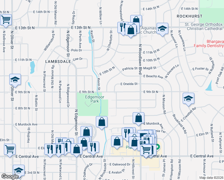 map of restaurants, bars, coffee shops, grocery stores, and more near 6021 East 9th Street North in Wichita