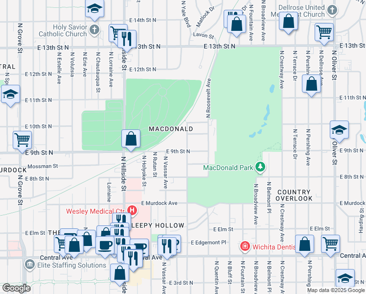 map of restaurants, bars, coffee shops, grocery stores, and more near 3421 East 9th Street North in Wichita