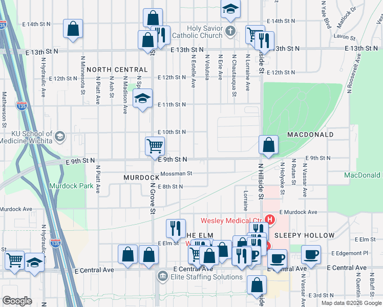 map of restaurants, bars, coffee shops, grocery stores, and more near 2654 East 9th Street North in Wichita