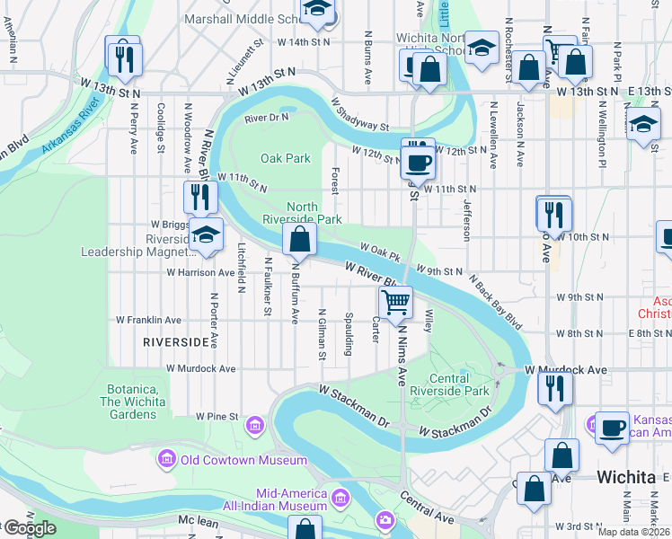 map of restaurants, bars, coffee shops, grocery stores, and more near 1100 West Riverside Avenue in Wichita
