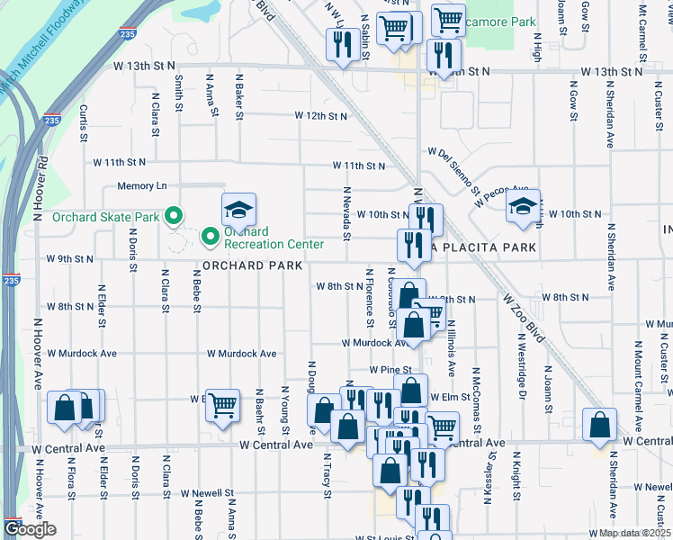 map of restaurants, bars, coffee shops, grocery stores, and more near 4308 W 8th Street North in Wichita