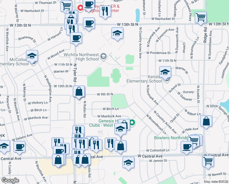 map of restaurants, bars, coffee shops, grocery stores, and more near 8240 West 9th Street North in Wichita