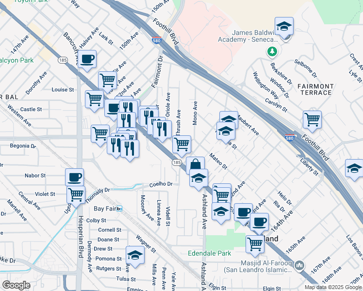 map of restaurants, bars, coffee shops, grocery stores, and more near 1440 Thrush Avenue in San Leandro