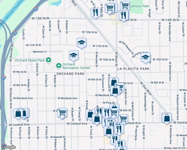 map of restaurants, bars, coffee shops, grocery stores, and more near 4308 W 8th Street North in Wichita
