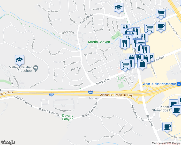 map of restaurants, bars, coffee shops, grocery stores, and more near 11531 Betlen Drive in Dublin