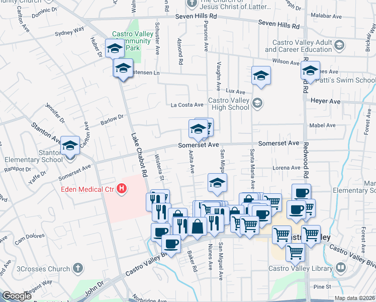 map of restaurants, bars, coffee shops, grocery stores, and more near 19767 Anita Avenue in Castro Valley