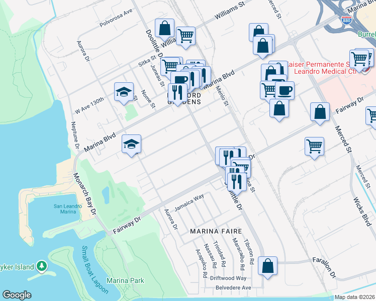 map of restaurants, bars, coffee shops, grocery stores, and more near 2285 West Avenue 135th in San Leandro
